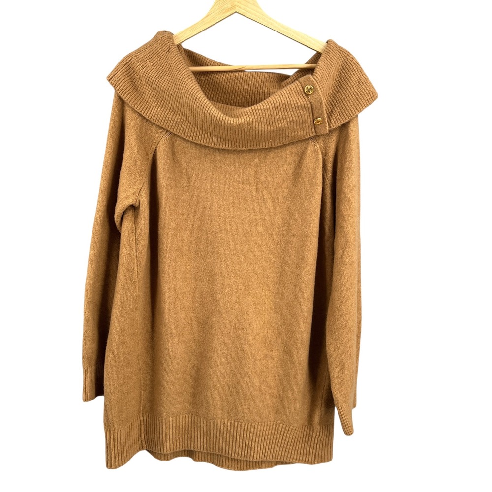 Express Camel Off Shoulder‎ Sweater Ribbed Collar Gold Buttons M NWT